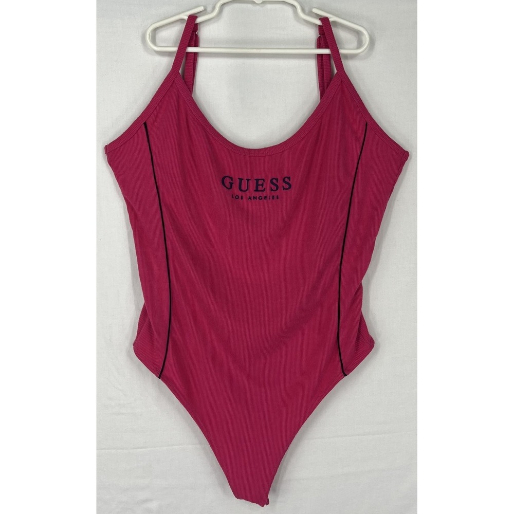 VTG Guess Los Angeles Pink Ribbed Bodysuit Y2K Logo Sleeveless XL CL900115